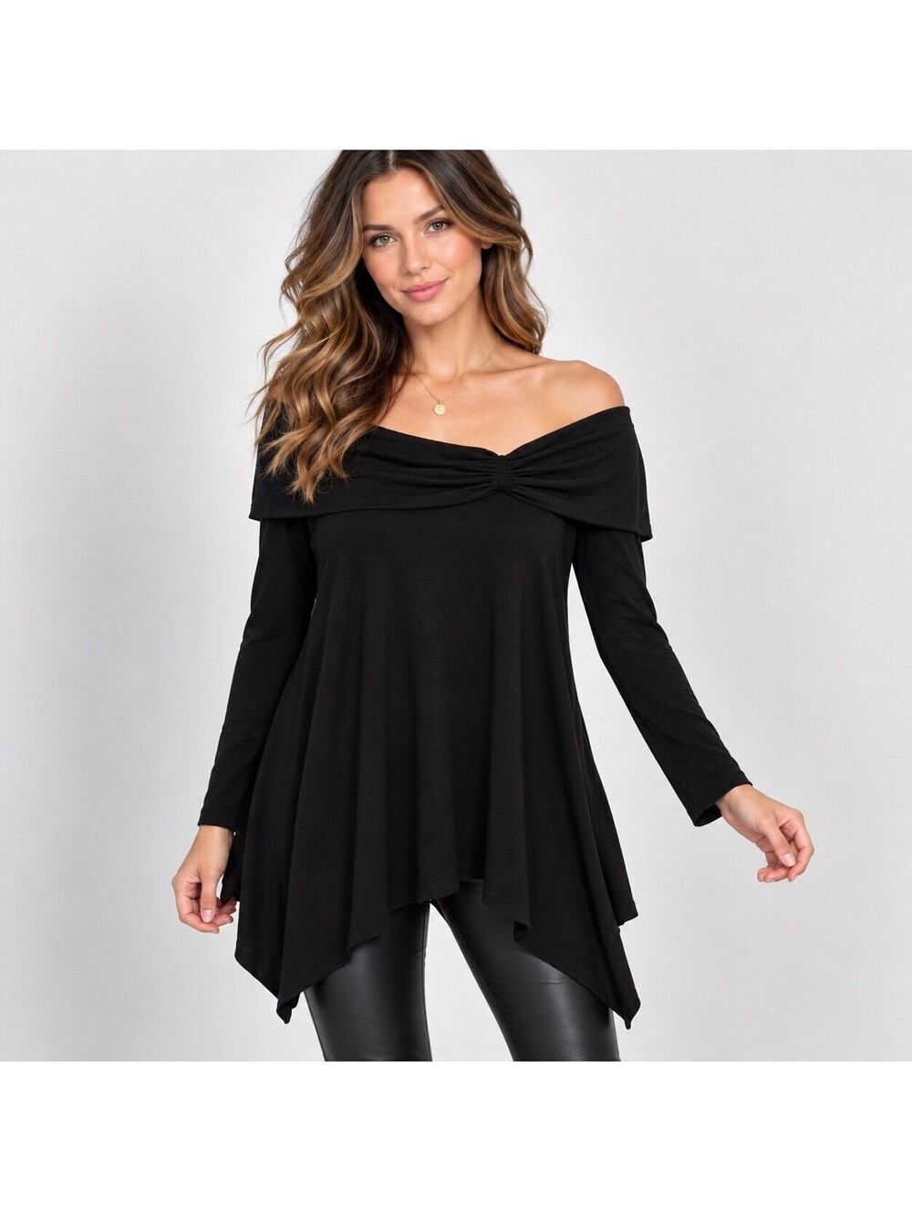 Bleeker & McDougal Black Off Shoulder Tunic Top L Handkerchief Hem Y2K Goth